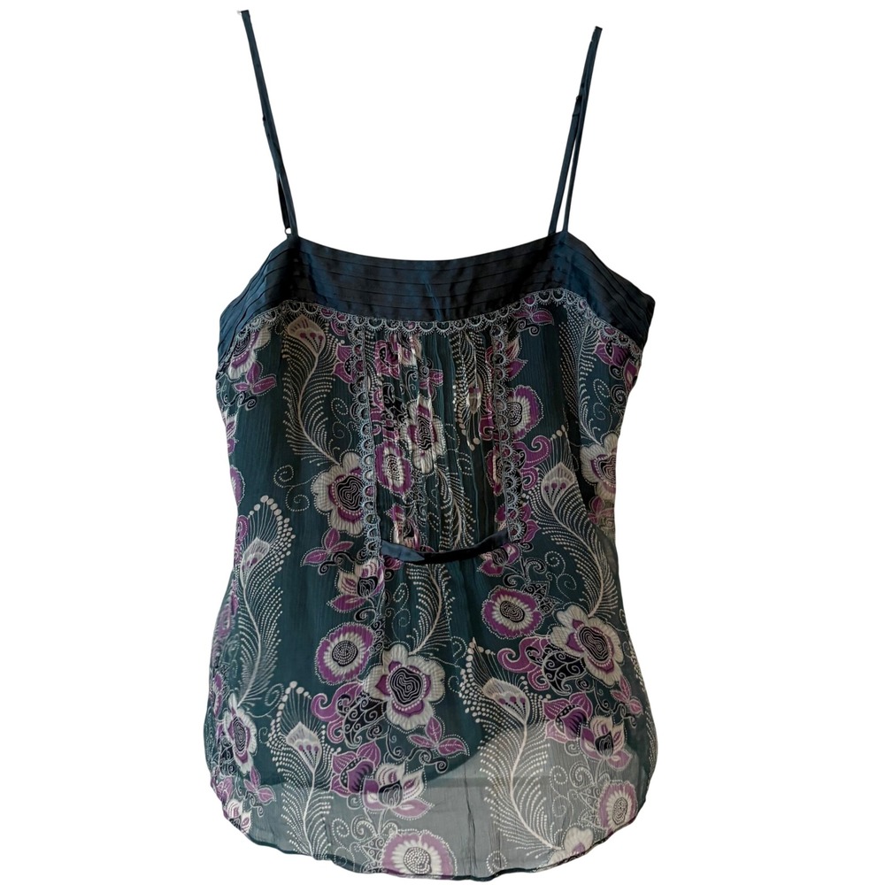 To the Max Dark Teal Silk Floral Print Spaghetti Strap Sleeveless Blouse Size 6